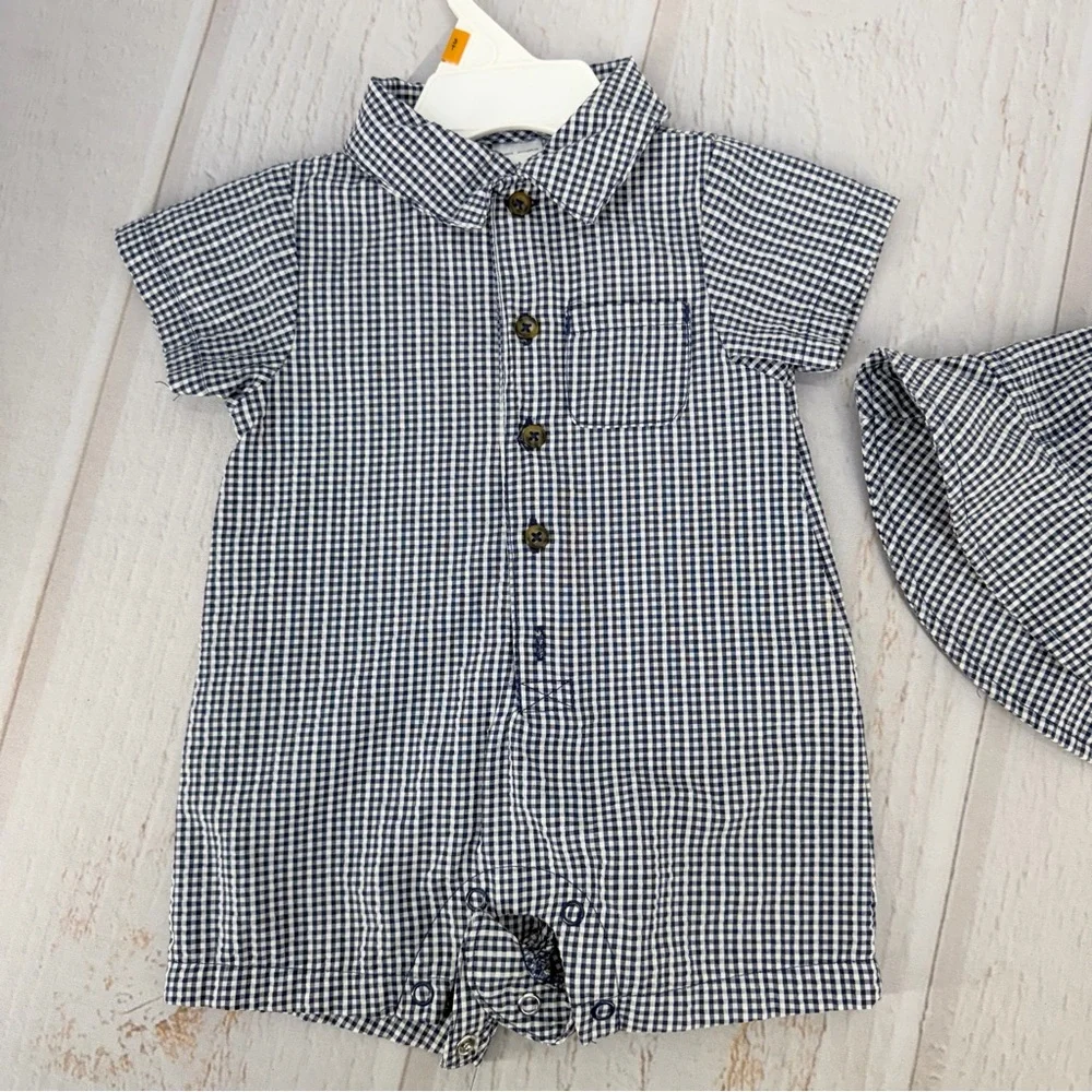 Carter’s 3M Gingham Romper +‎ Hat Baby Outfit Blue White Pre-Owned